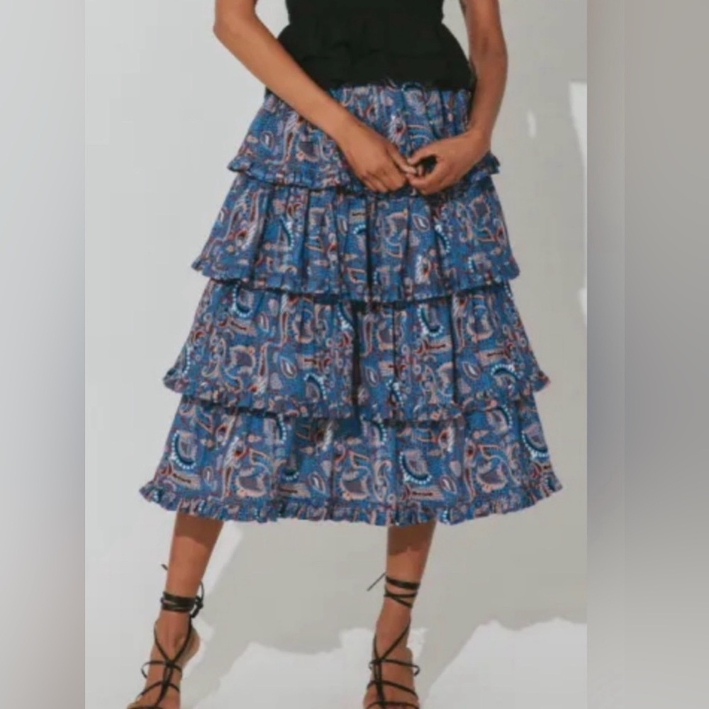 Cleobella Blue Paisley Tiered Midi Skirt with Rust Details - Picture 2 of 5